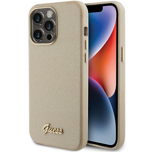 Guess Glitter Glossy Script suojakuori iPhone 15 Pro:lle - kultainen