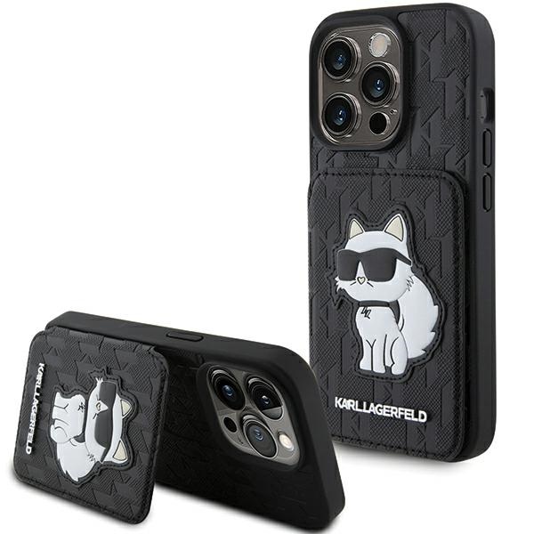 Karl Lagerfeld Saffiano Cardslots and Stand Monogram Choupette suojakuori iPhone 15 Pro:lle - musta