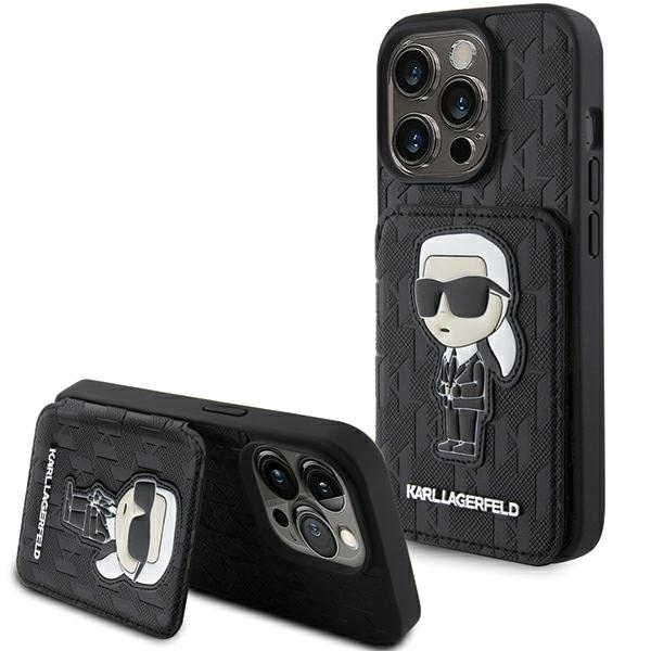 Karl Lagerfeld Saffiano Cardslots and Stand Monogram Ikonik Patch suojakuori iPhone 15 Pro:lle - musta