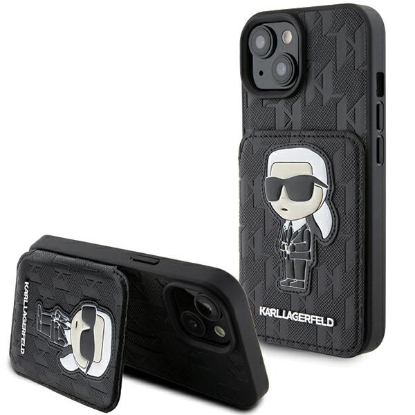 Karl Lagerfeld Saffiano Cardslots and Stand Monogram Ikonik Patch suojakuori iPhone 15:lle - musta