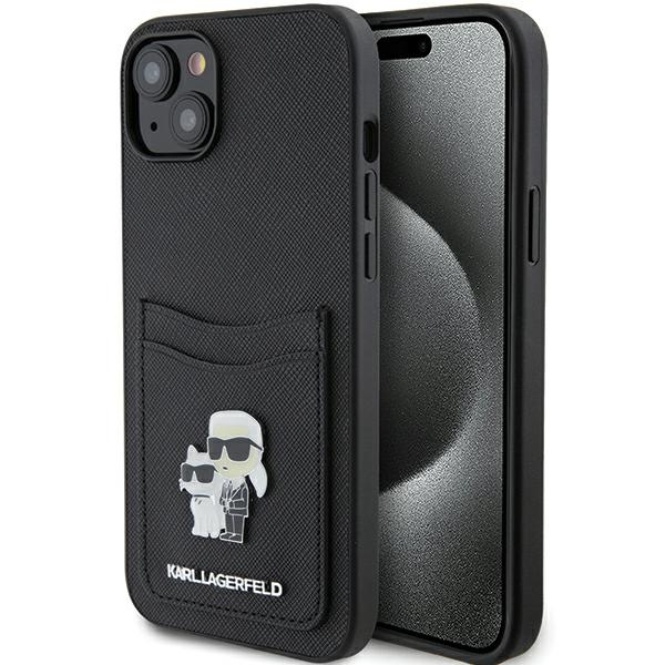 Karl Lagerfeld Saffiano Cardslot Karl&Choupette Metal Pin suojakuori iPhone 15:lle - musta