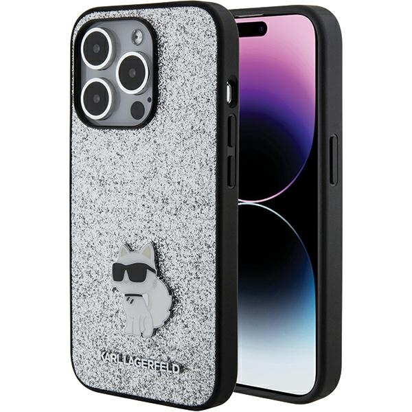 Karl Lagerfeld Fixed Glitter Choupette Logo Metal Pin suojakuori iPhone 15 Pro Max:lle - hopeinen