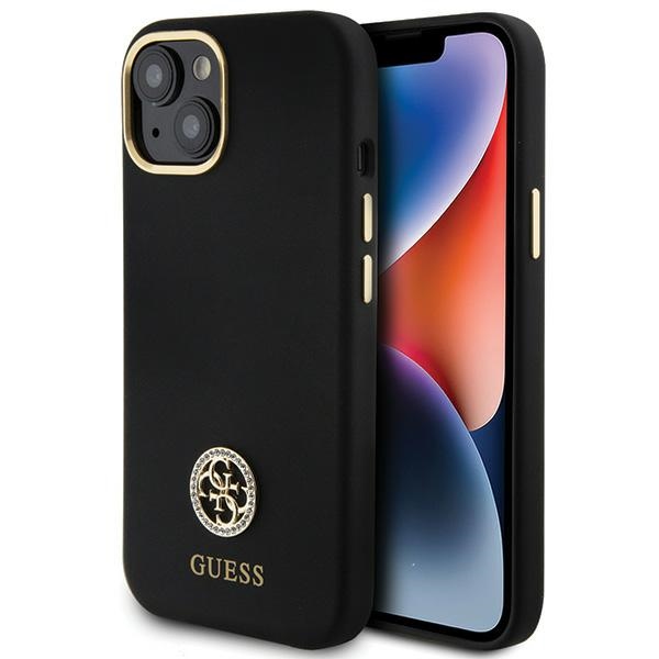 Guess Silicone Logo Strass 4G suojakuori iPhone 15:lle - musta