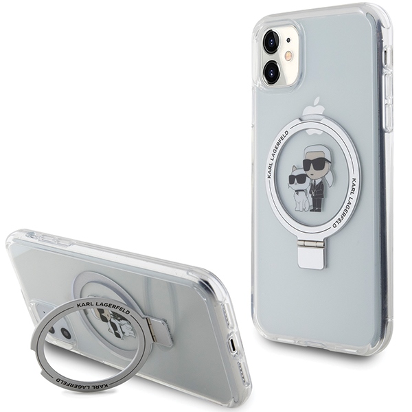 Karl Lagerfeld KLHMN61HMRSKCH iPhone 11 / Xr 6.1 valkoinen/valkoinen kovakuori Ring Stand Karl&Choupette MagSafe