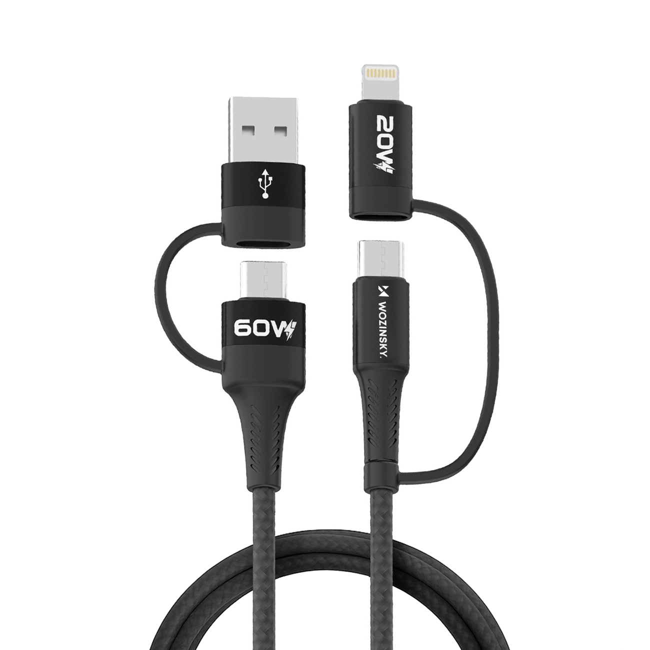 Wozinsky WNBAA 4in1 kaapeli 2x USB-C 1x USB-A 1x Lightning 60W 1 m - musta