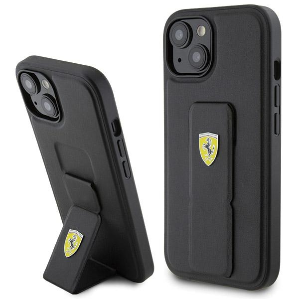 Ferrari Grip Stand Metal Logo Suojakuori iPhone 15:lle - musta