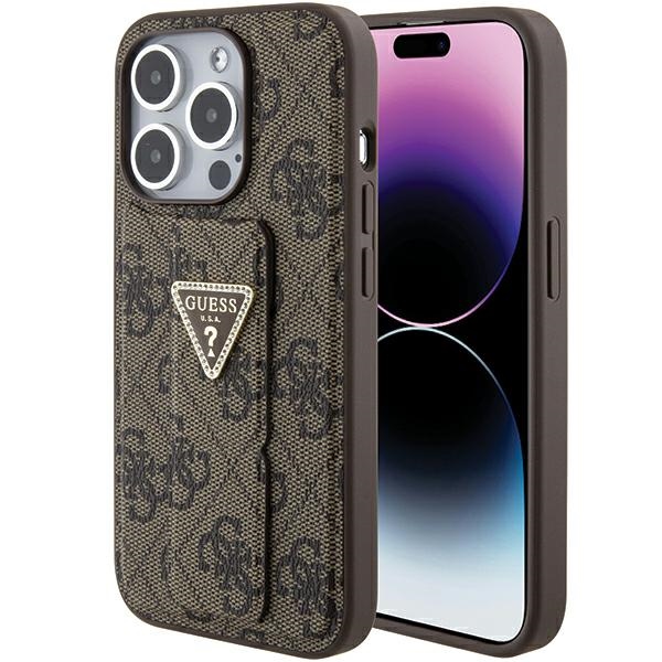 Guess Grip Stand 4G Triangle Strass Suojakuori iPhone 15 Prolle - ruskea