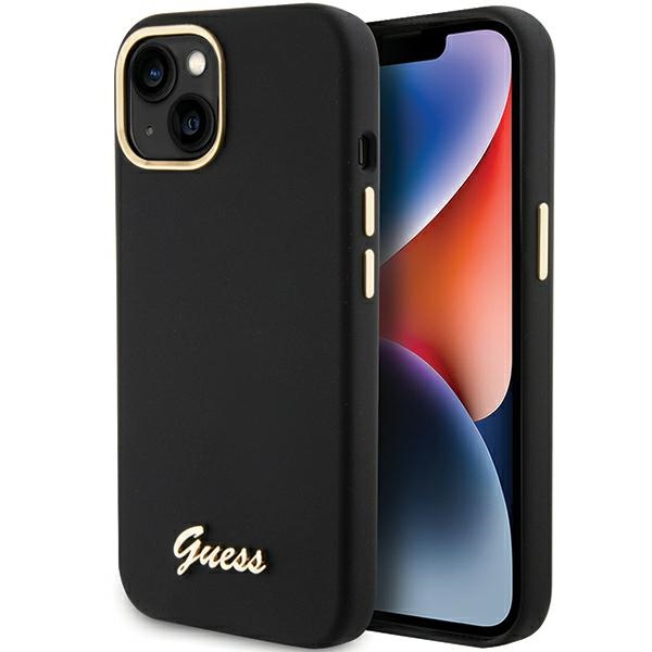 Guess Silikoninen Script Metal Logo & Frame Suojakuori iPhone 15:lle - musta