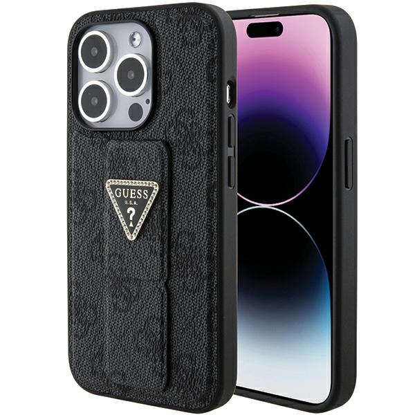 Guess Grip Stand 4G Triangle Strass Suojakuori iPhone 15 Pro Maxille - musta
