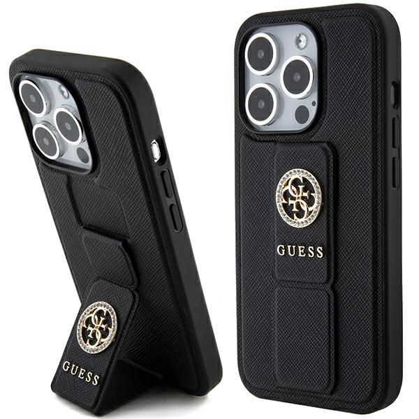 Guess Grip Stand 4G Saffiano Strass Suojakuori iPhone 15 Pro Maxille - musta
