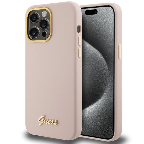 Guess Silikoninen Script Metal Logo & Frame Suojakuori iPhone 15 Pro Maxille - vaaleanpunainen