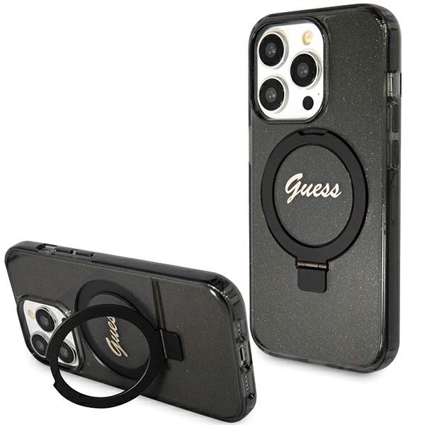 Guess Ring Stand Script Glitter MagSafe Suojakuori iPhone 15 Prolle - musta