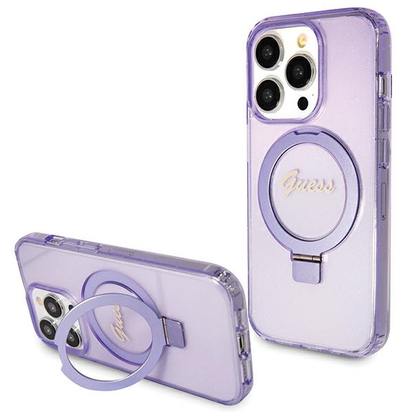 Guess Ring Stand Script Glitter MagSafe Suojakuori iPhone 15 Prolle - violetti