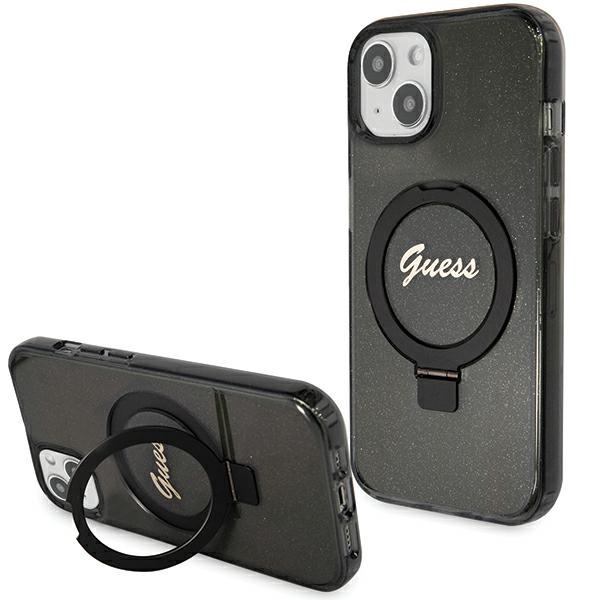 Guess Ring Stand Script Glitter MagSafe Suojakuori iPhone 15 Plus / 14 Pluslle - musta