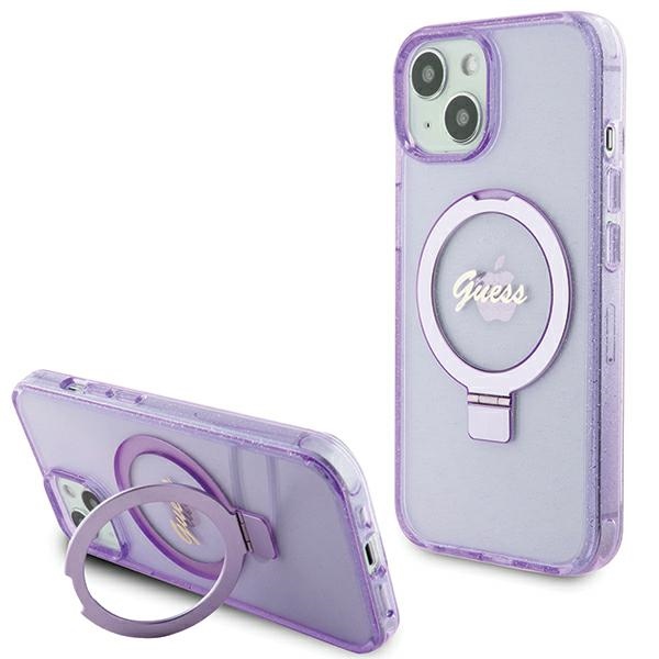 Guess Ring Stand Script Glitter MagSafe Suojakuori iPhone 15 Plus / 14 Pluslle - violetti