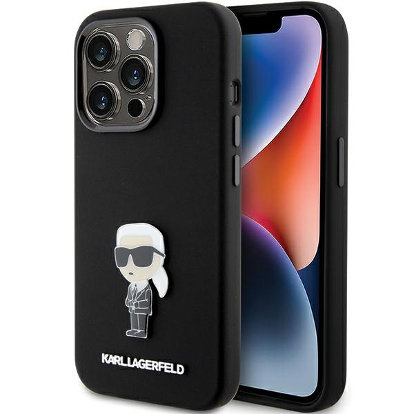 Karl Lagerfeld Silikoninen Ikonik Metal Pin Suojakuori iPhone 15 Prolle - musta