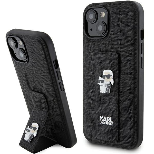 Karl Lagerfeld Gripstand Saffiano Karl&Choupette Pins Suojakuori iPhone 15 Plus / 14 Pluslle - musta