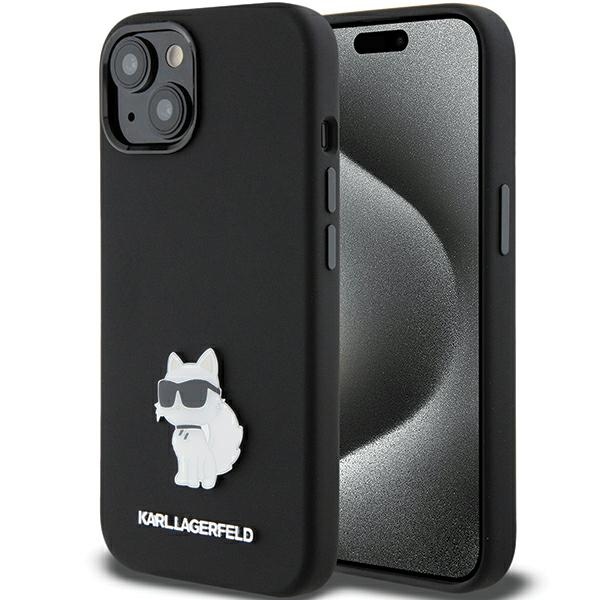 Karl Lagerfeld Silikoninen Choupette Metal Pin Suojakuori iPhone 15 Plus / 14 Pluslle - musta