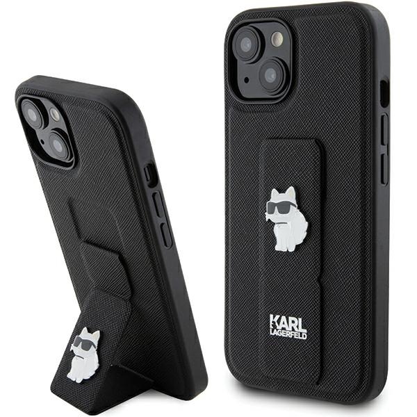 Karl Lagerfeld Gripstand Saffiano Choupette Pins Suojakuori iPhone 15:lle - musta