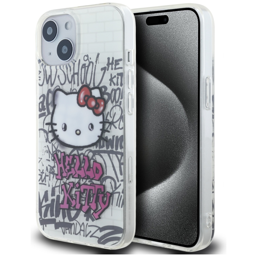 Hello Kitty IML Kitty On Bricks Graffiti Suojakuori iPhone 15:lle - valkoinen