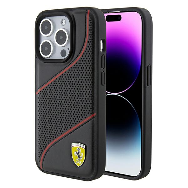 Ferrari Perforated Waves Metal Logo -suojakuori iPhone 15 Prolle - musta