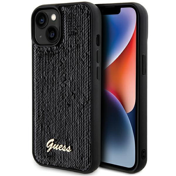 Guess Sequin Script Metal -suojakuori iPhone 14 / 15 / 13:lle - musta