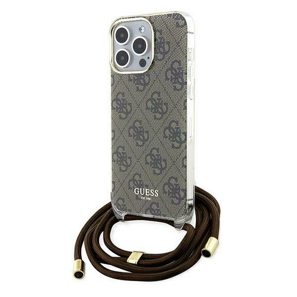 Guess Crossbody Cord 4G Print -suojakuori iPhone 15 Prolle - ruskea