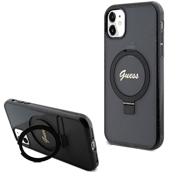 Guess Ring Stand Script Glitter MagSafe -suojakuori iPhone 11 / Xr:lle - musta