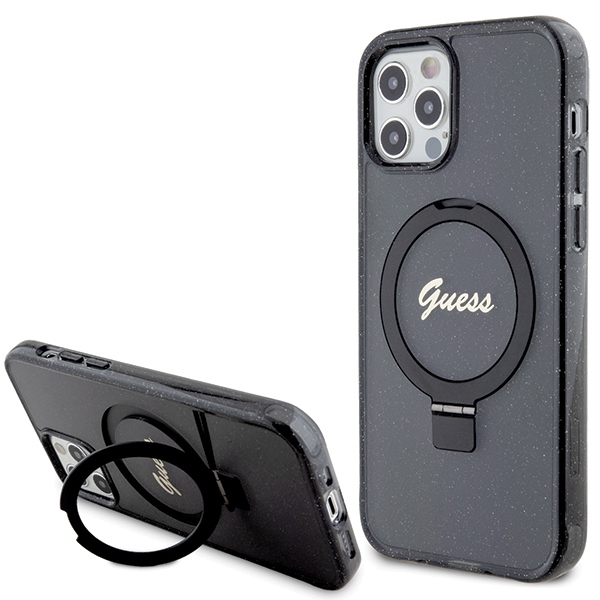 Guess Ring Stand Script Glitter MagSafe -suojakuori iPhone 12/12 Prolle - musta