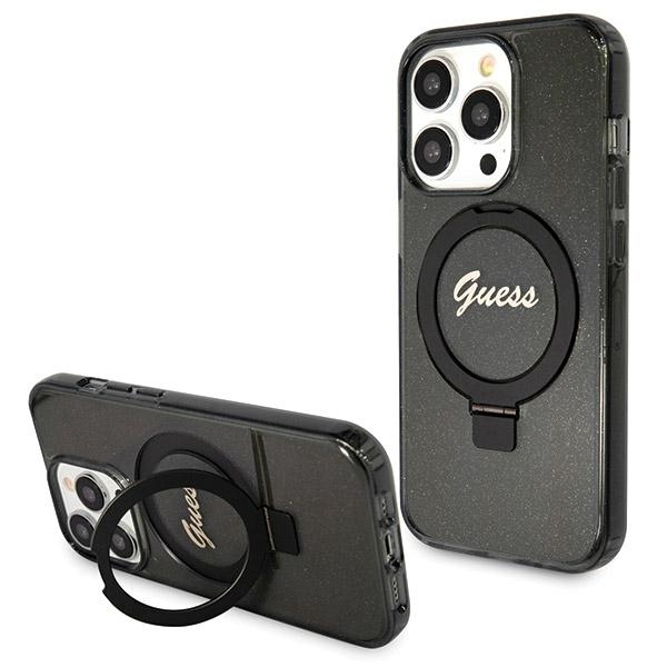 Guess Ring Stand Script Glitter MagSafe -suojakuori iPhone 14 Prolle - musta