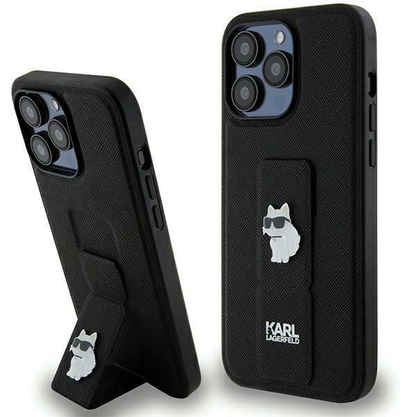 Karl Lagerfeld Gripstand Saffiano Choupette Pins -suojakuori iPhone 13 Pro / 13:lle - musta