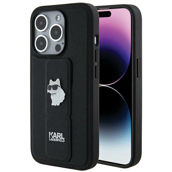 Karl Lagerfeld Gripstand Saffiano Choupette Pins -suojakuori iPhone 14 Prolle - musta