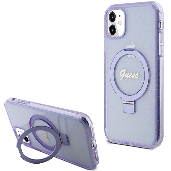 Guess Ring Stand Script Glitter MagSafe suojakuori iPhone 11 / Xr:lle - violetti