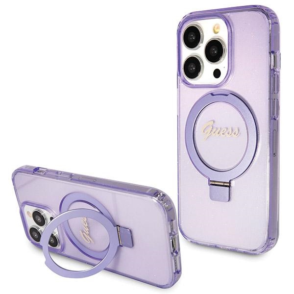 Guess Ring Stand Script Glitter MagSafe suojakuori iPhone 14 Pro Maxille - violetti