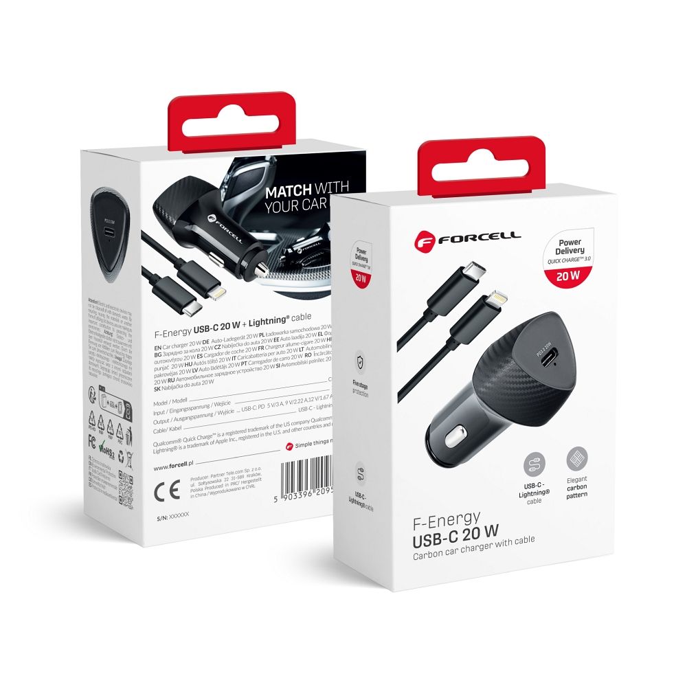 Autolaturi Forcell F-Energy Carbon USB C QC3.0 PD 3A 20W + Kaapeli USB C - Lightning CC50-1C musta