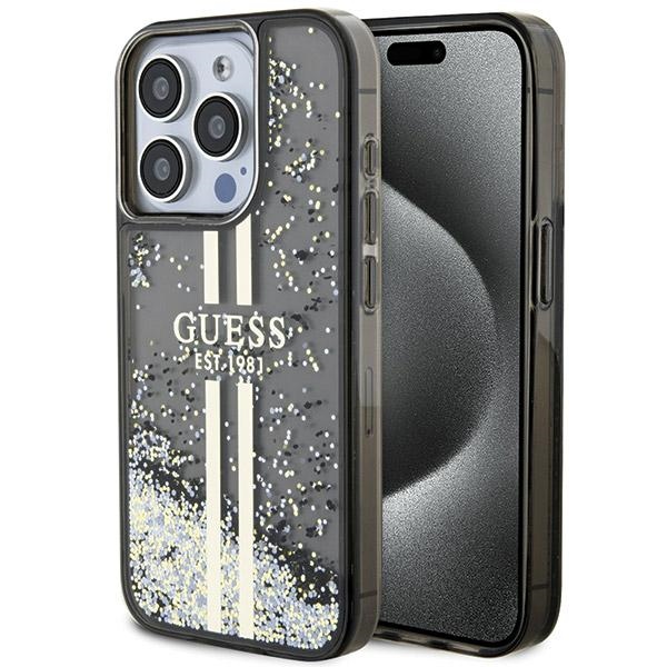 Guess Liquid Glitter Gold Stripes suojakuori iPhone 15 Pro:lle - musta