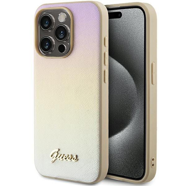 Guess Saffiano Iridescent Script suojakuori iPhone 15 Pro:lle - kultainen