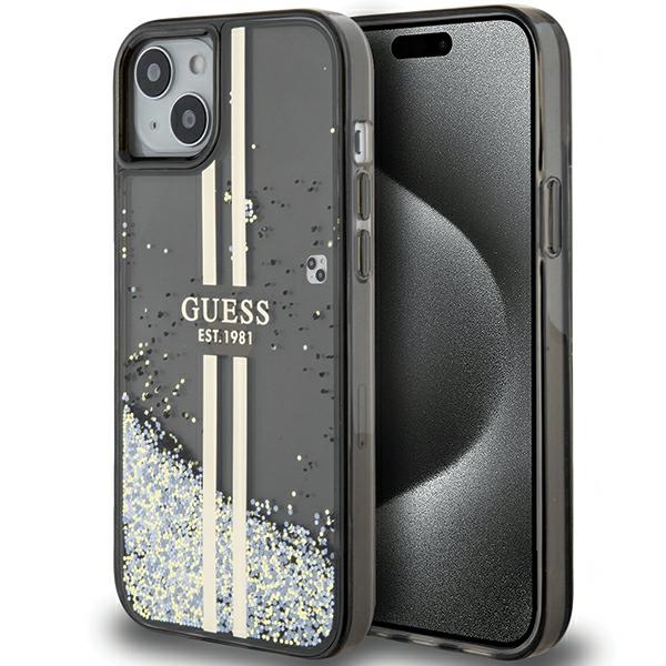 Guess Liquid Glitter Gold Stripes suojakuori iPhone 15 Plus / 14 Plus:lle - musta