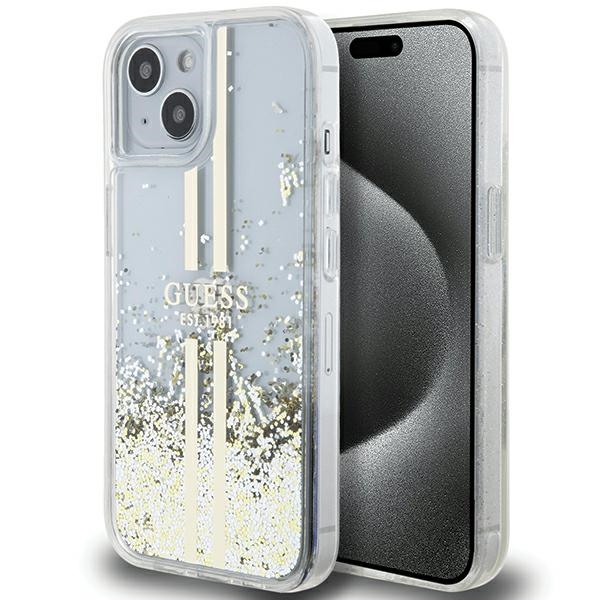 Guess Liquid Glitter Gold Stripes suojakuori iPhone 15 Plus / 14 Plus:lle - läpinäkyvä