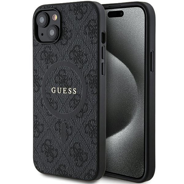 Guess 4G Collection nahka Metal Logo MagSafe kotelo iPhone 15/14/13 - musta