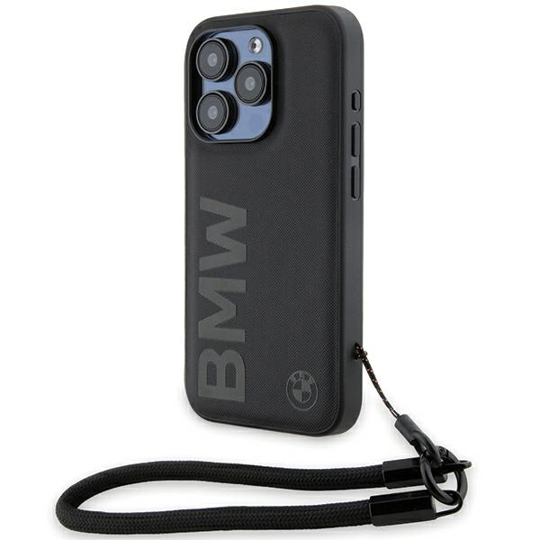 BMW Signature Nahkainen Wordmark Cord Suojakuori iPhone 15 Pro:lle - musta