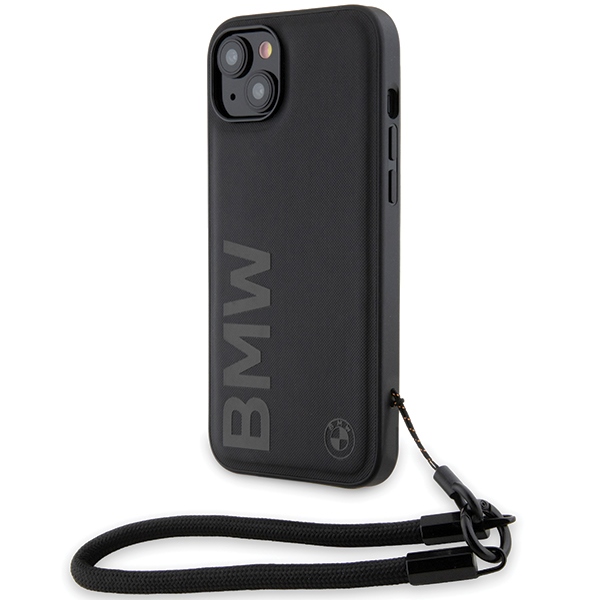 BMW Signature Leather Wordmark Cord Suojakuori iPhone 15 Plus / 14 Plus:lle - musta