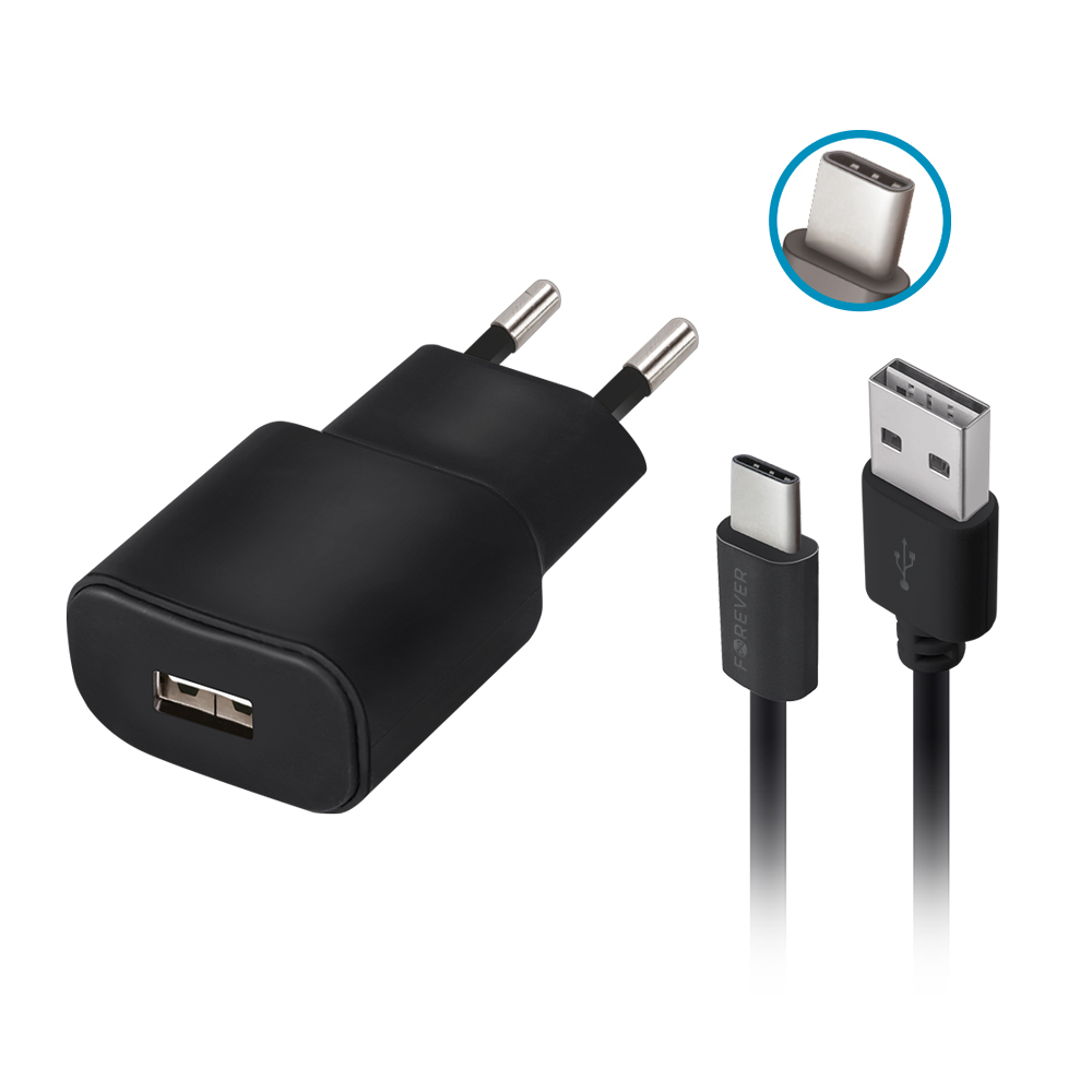 Forever TC-01 laturi 1x USB 2A musta + USB-C-kaapeli