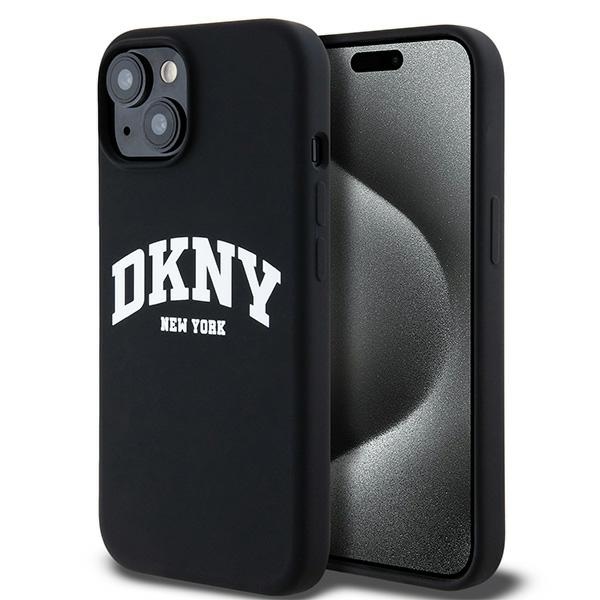 DKNY Liquid Silikoninen White Printed Logo MagSafe Suojakuori iPhone 14 / 15 / 13:lle - musta
