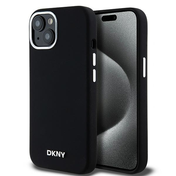 DKNY Liquid Silikoninen Small Metal Logo MagSafe Suojakuori iPhone 15 Plus / 14 Plus:lle - musta