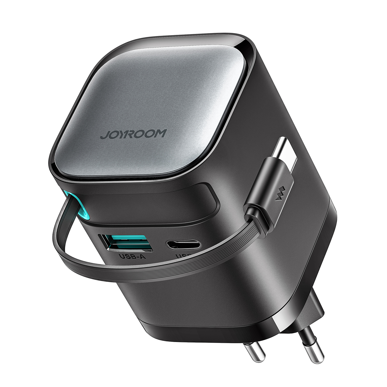 Joyroom JR-TCL02 65W USB-A USB-C GaN laturi sisäänrakennetulla USB-C kaapelilla - musta