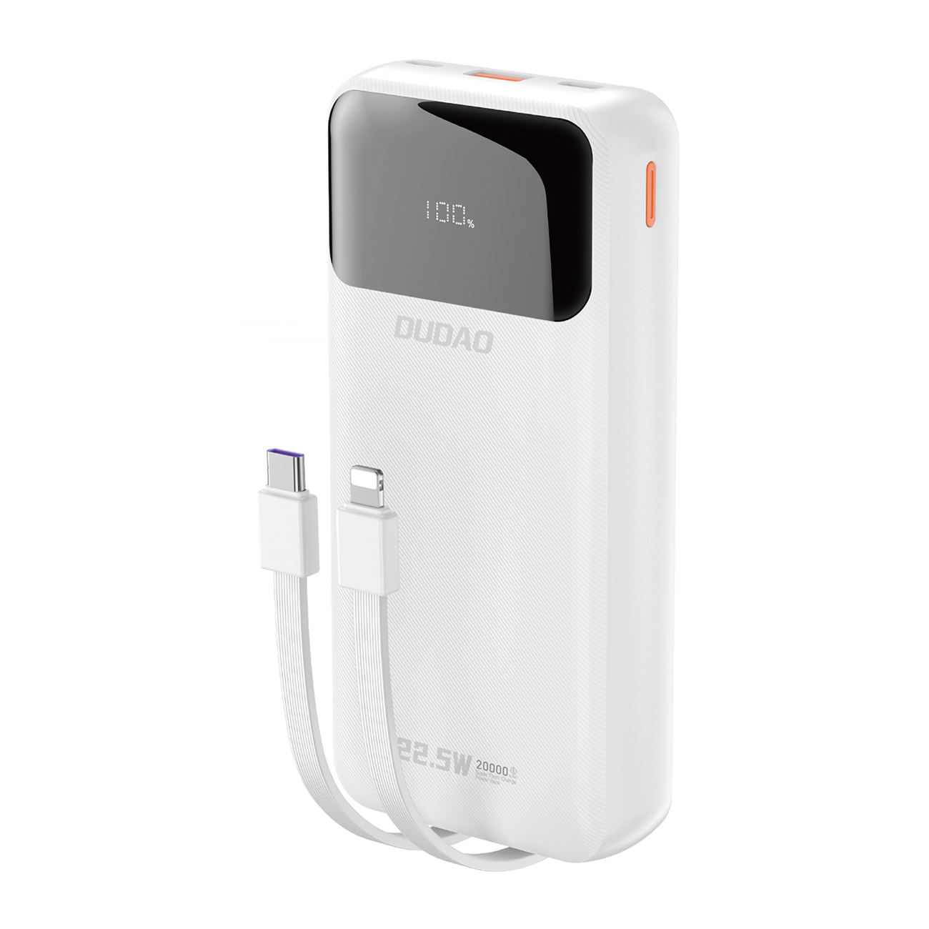 Dudao K15Pro Power Bank 20000mAh 22.5W PD USB-C / USB-A / Sisäänrakennettu Lightning ja USB-C kaapelit - Valkoinen