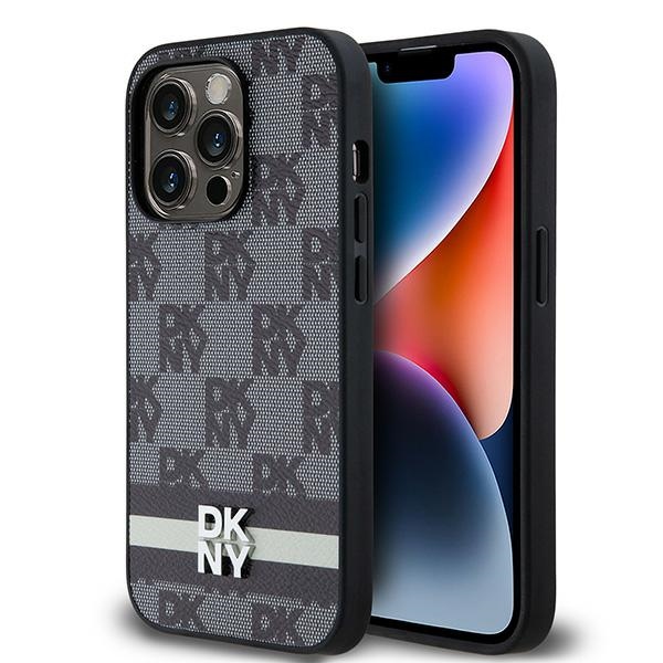 DKNY Nahkainen Checkered Mono Pattern & Printed Stripes Suojakuori iPhone 14 Pro:lle - musta