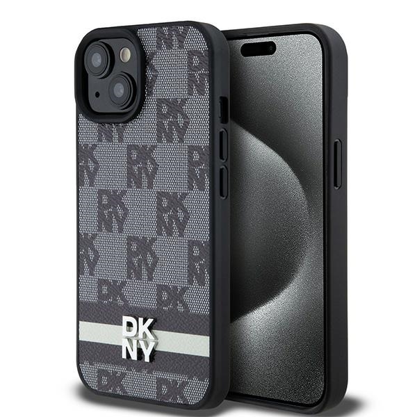 DKNY Nahkainen Checkered Mono Pattern & Printed Stripes Suojakuori iPhone 15/14/13:lle - musta