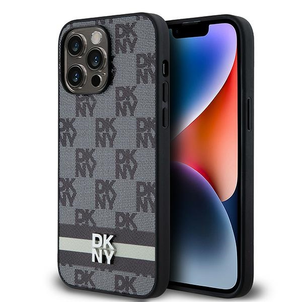 DKNY Nahkainen Checkered Mono Pattern & Printed Stripes Suojakuori iPhone 14 Pro Max:lle - musta